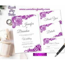 Purple Wedding Invitation suite set, Lace Wedding invitation suite,(115w)